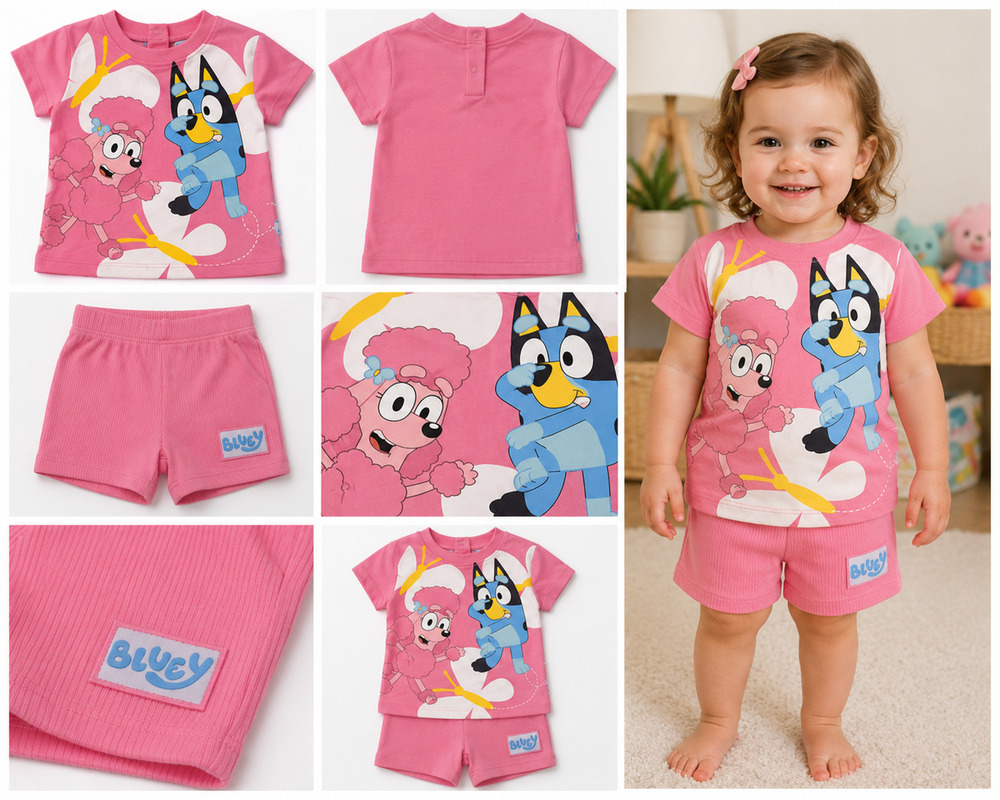 Bluey Toddler 2-Piece Outfit – Pink Graphic Tee & Ribbed Shorts